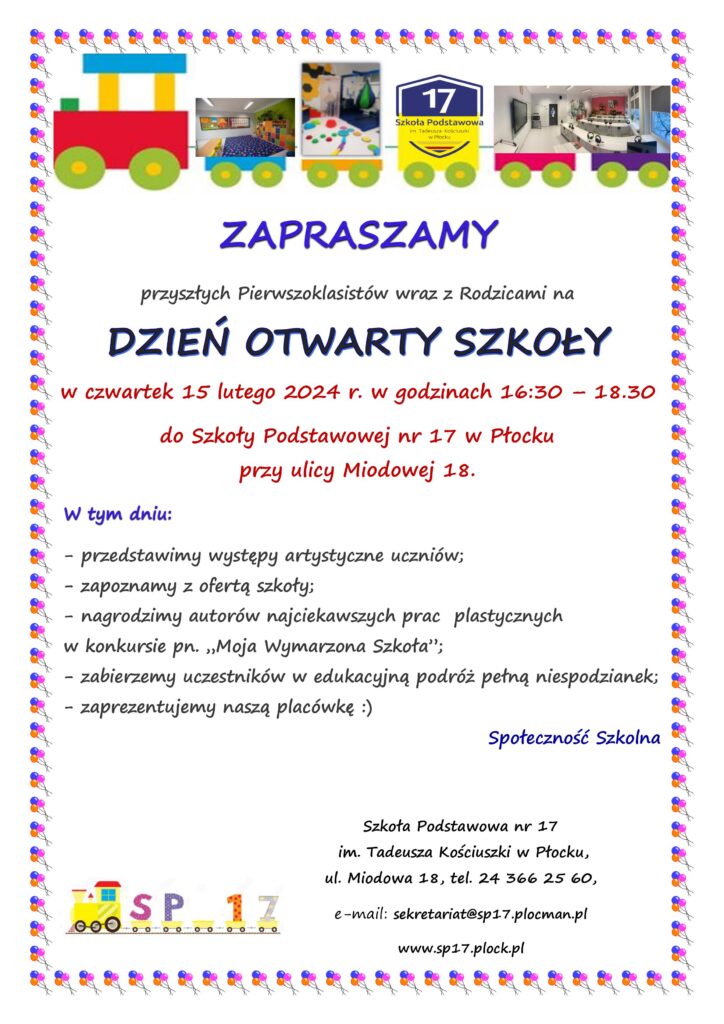 Plakat-zaproszenie dla przyszłych pierwszoklasistów na Dzień otwarty szkoły w dniu 15 lutego 2024 roku w godzinach 16.30-18.30. 